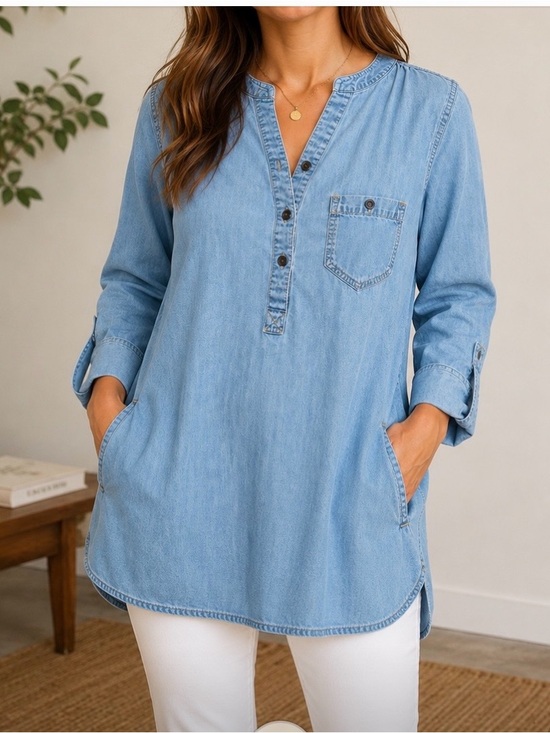 ellos Tops - Ellos Sz 10 Light Blue Denim Tunic Top With Pockets 100% Cotton